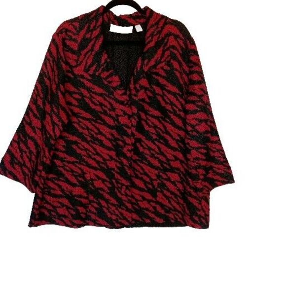 Chico's Travelers Sz 3 Red/Black Print Light-weight Jacket w/3 Quarter Sleeves - Picture 2 of 9